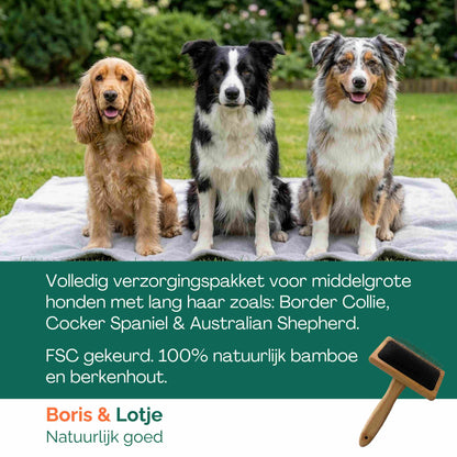 Lange Vacht Verzorgingspakket Middelgrote Hond 10 tot 25 kg – Borstel, Slicker, Kam & Shampoo