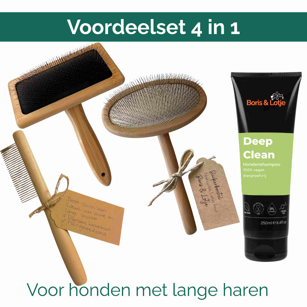 Kit de toilettage pour grands chiens à poil long à partir de 25 kg – Brosse pour chien, carde, peigne & shampoing