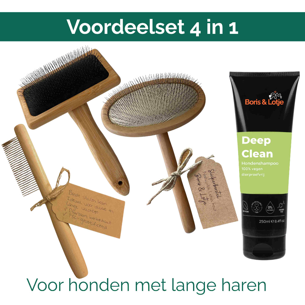 Kit de toilettage pour chien de taille moyenne à poil long de 10 à 25 kg – Brosse, carde, peigne & shampoing